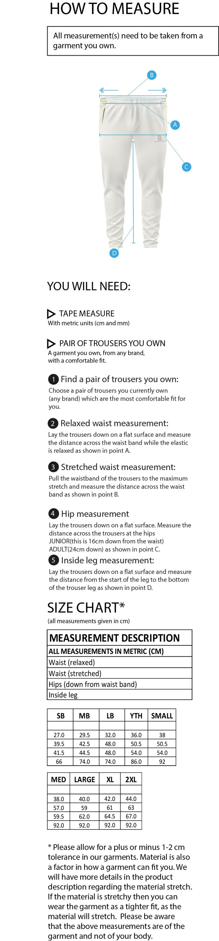 Standard CC - Coloured Playing Pant - Size Guide