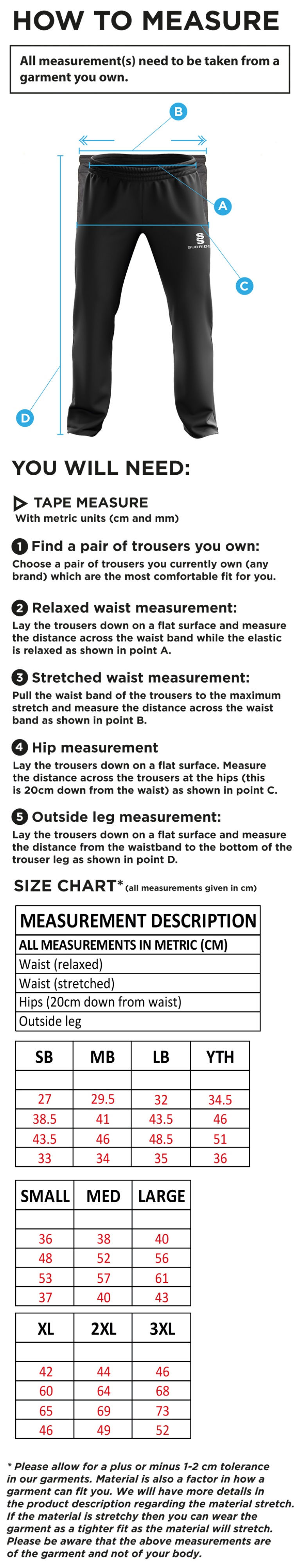 Standard CC - Men's Ripstop Track Pant - Size Guide