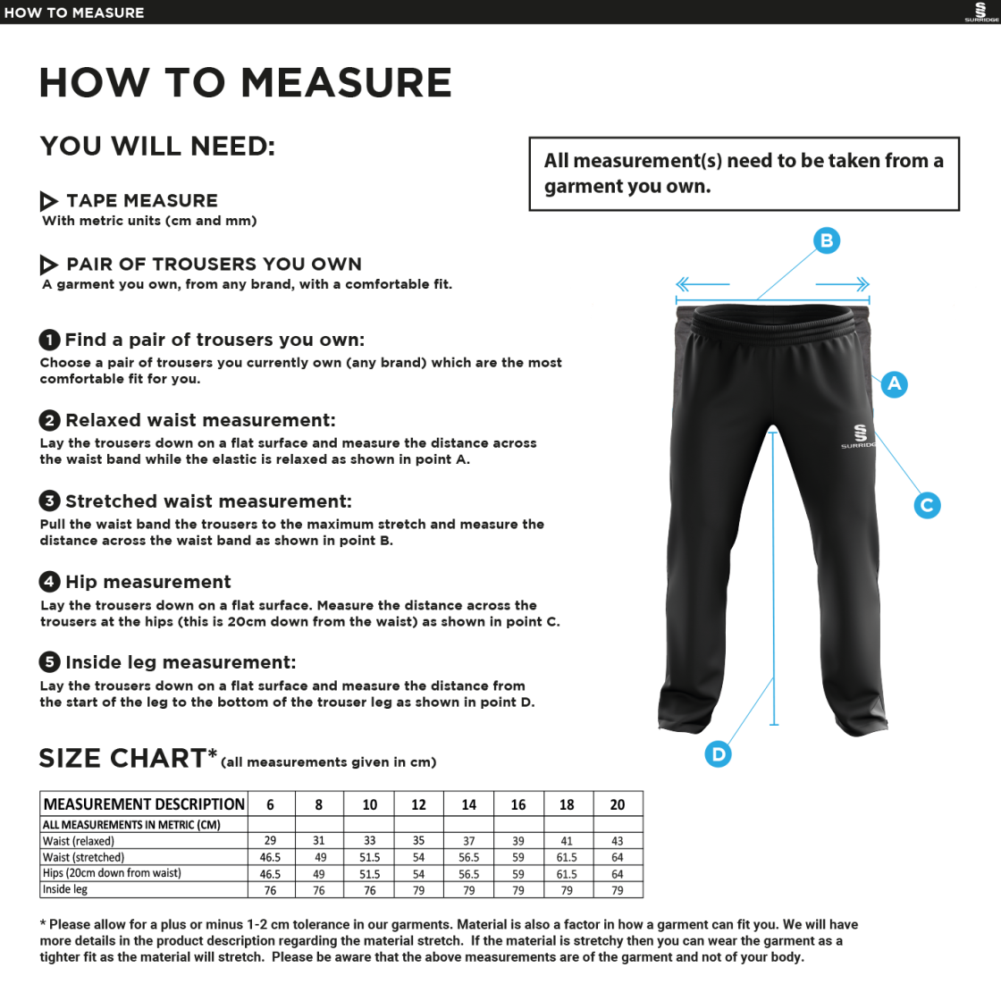Standard CC - Women's Poplin Tracksuit Bottoms - Size Guide