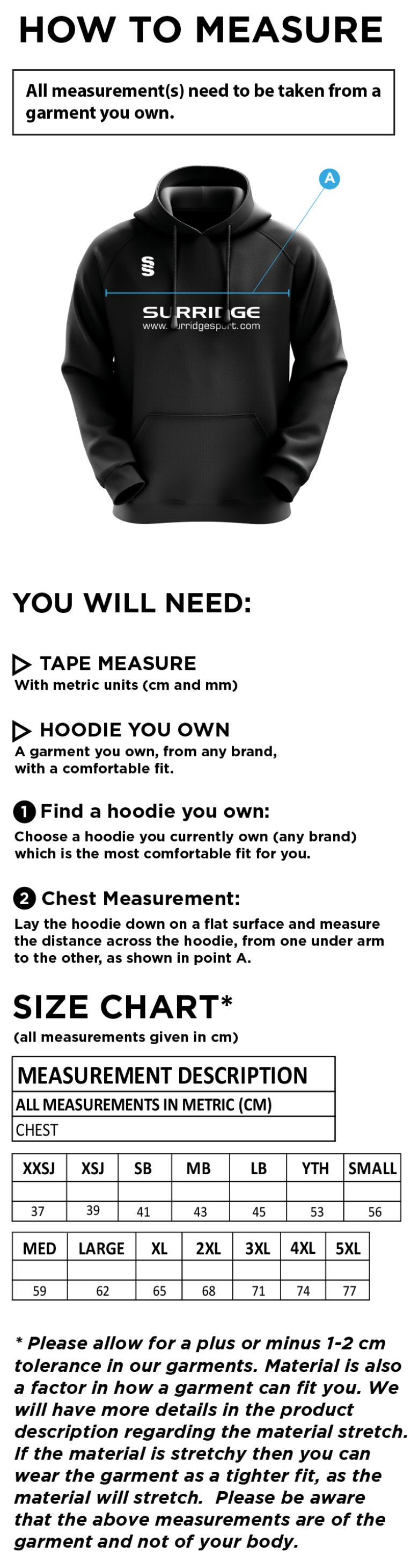 Standard CC - Fuse Hoody - Size Guide