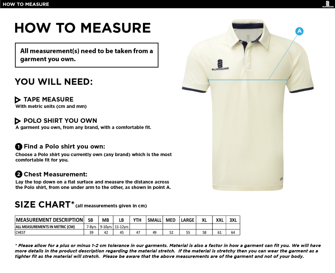 Standard CC - Short Sleeve Cricket Shirt - Size Guide