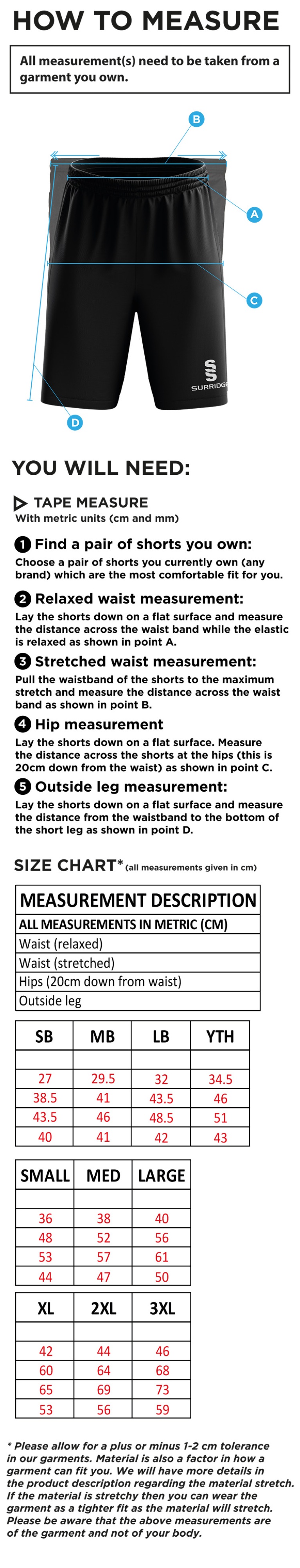 Standard CC - Shorts - Size Guide