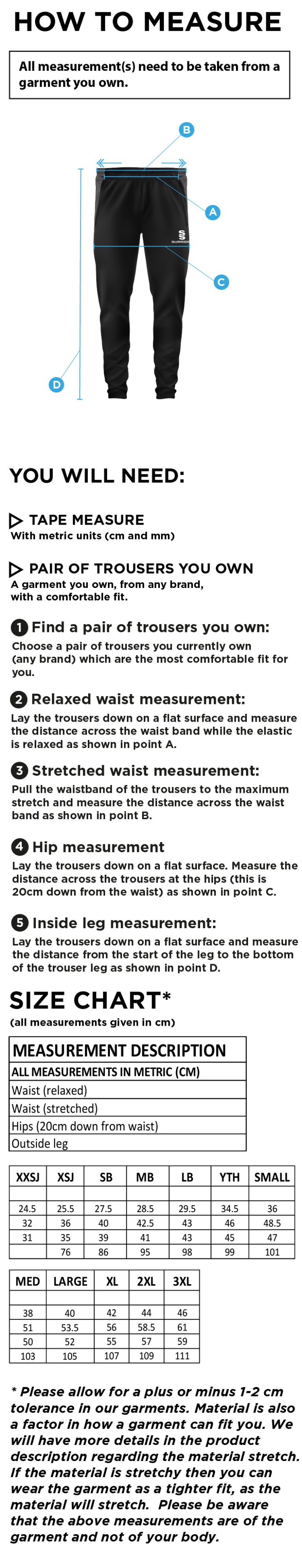 Standard CC - Tek Slim Training Pants - Size Guide