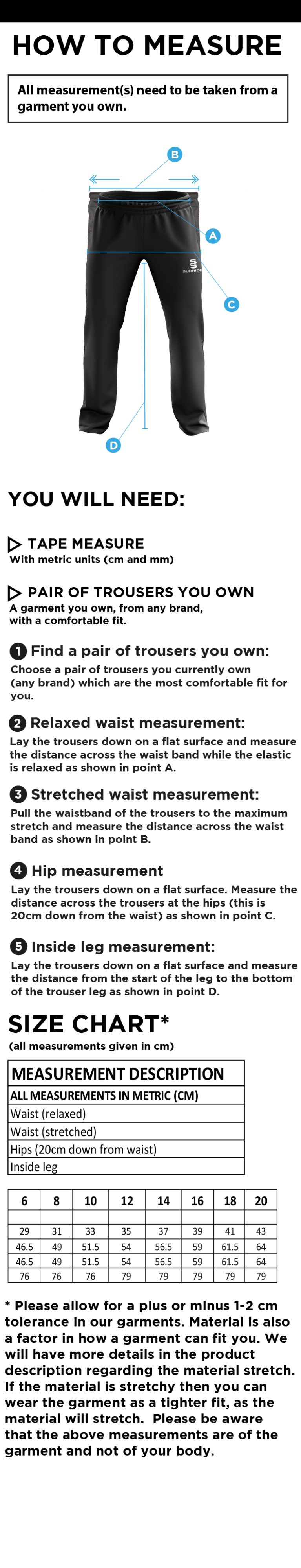 Standard CC - Women's Poplin Tracksuit Bottoms - Size Guide