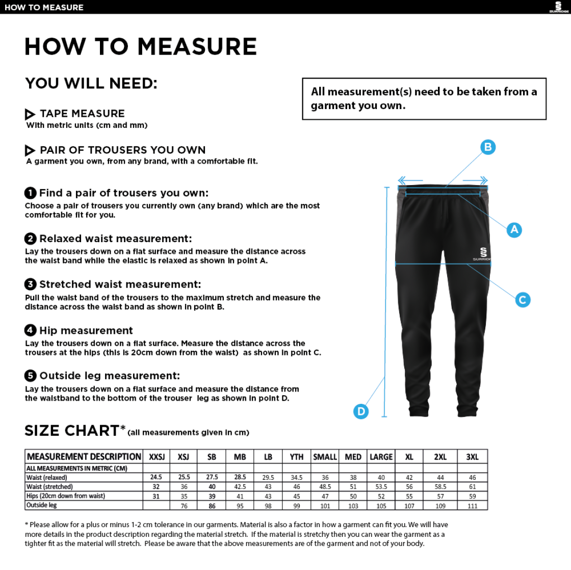 Standard CC - Tek Slim Training Pants - Size Guide