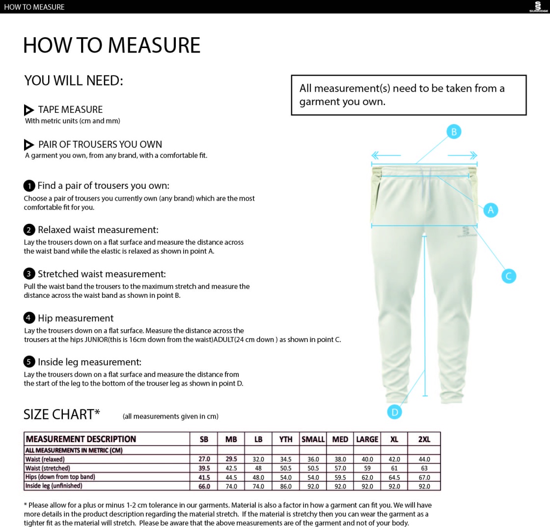 Standard CC - Coloured Playing Pant - Size Guide