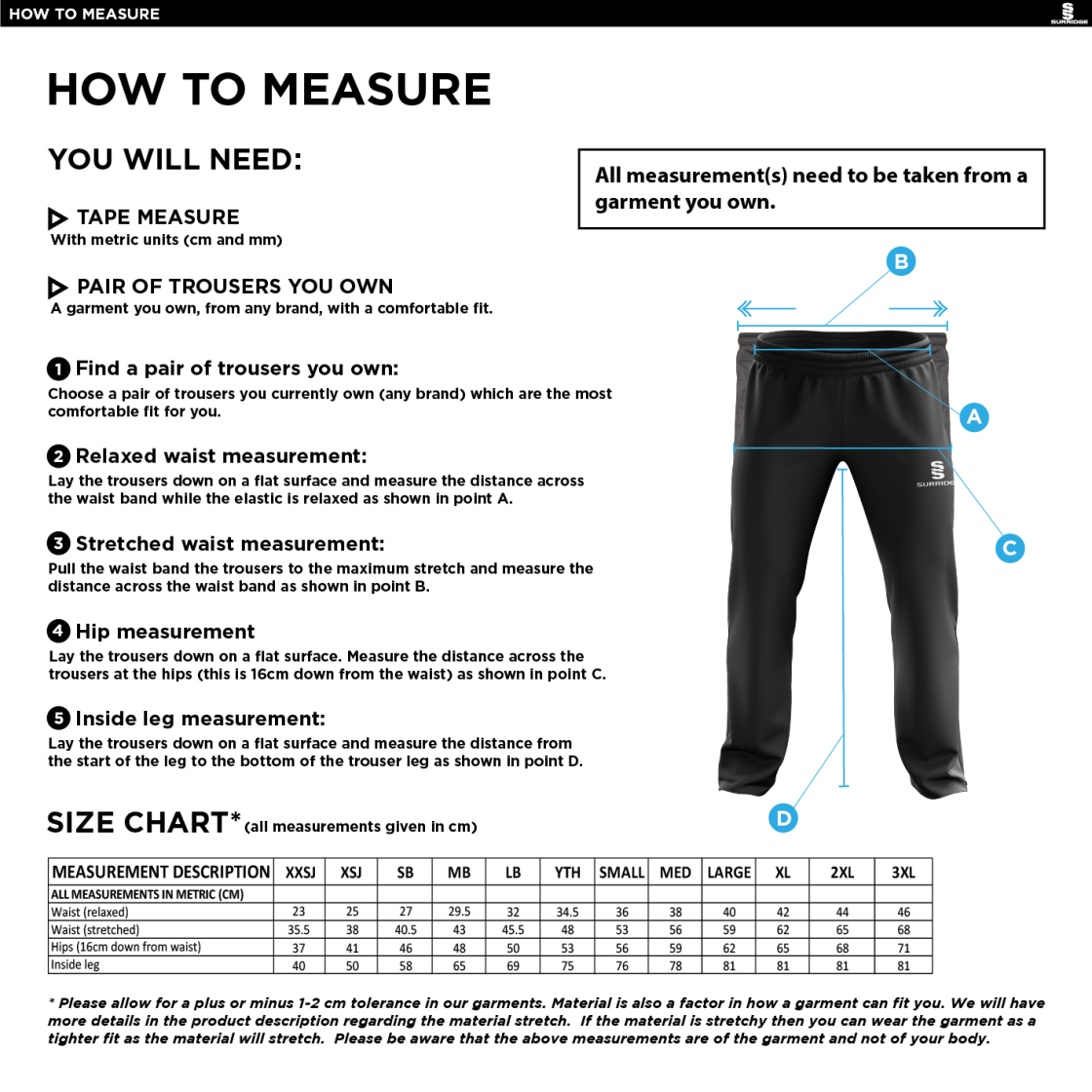 Standard CC - Men's Poplin Tracksuit Bottoms - Size Guide