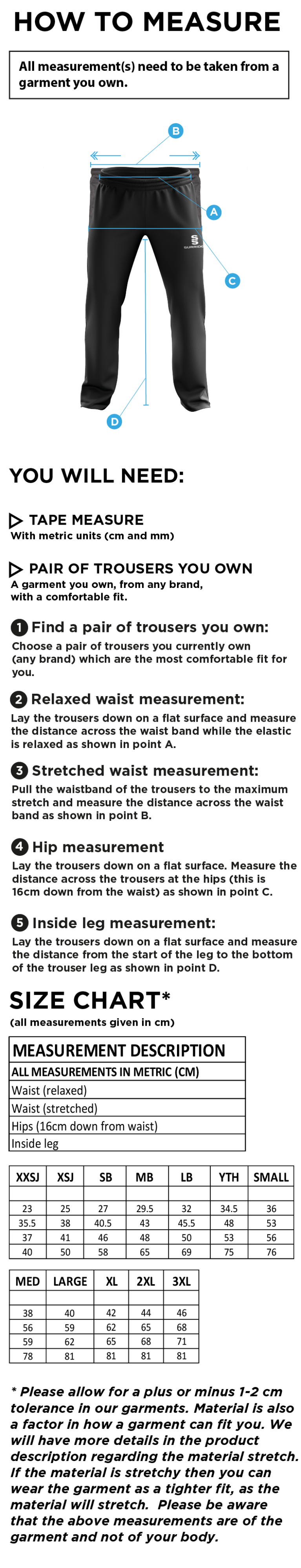 Standard CC - Men's Poplin Tracksuit Bottoms - Size Guide