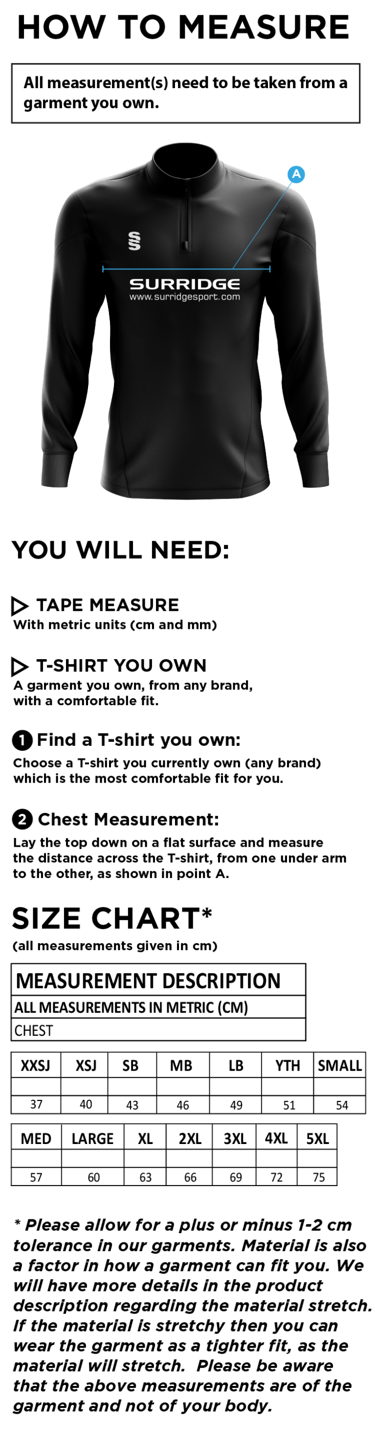 Standard CC - Performance Top - Size Guide