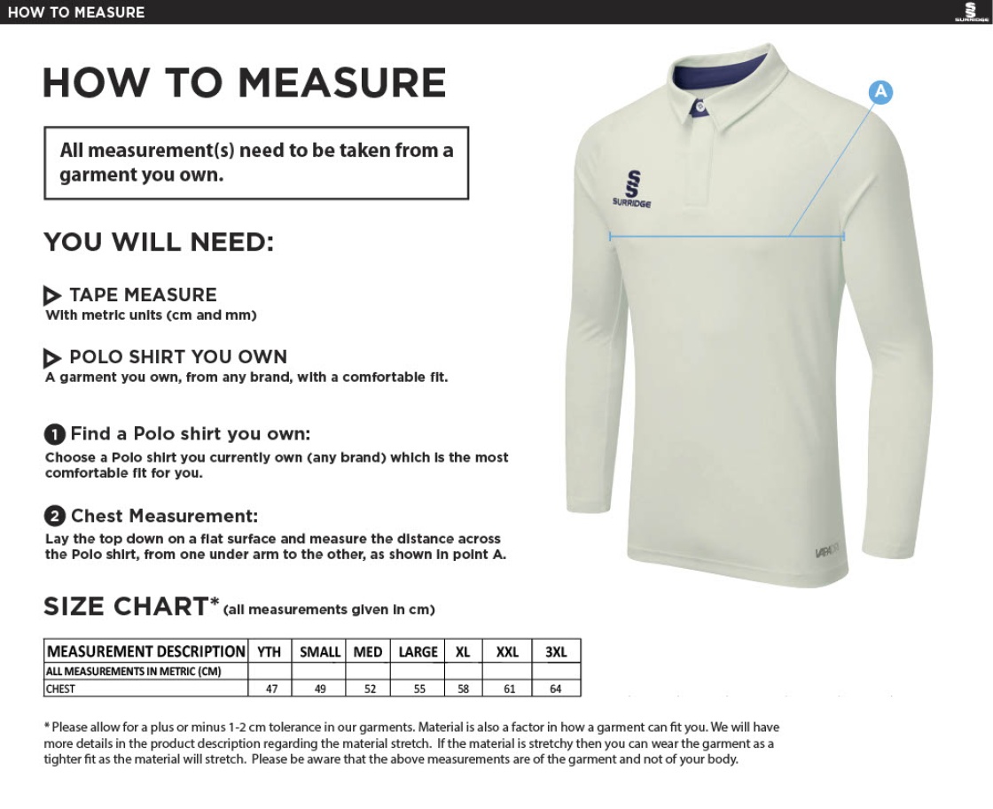 Standard CC - Long Sleeved Cricket Shirt - Size Guide